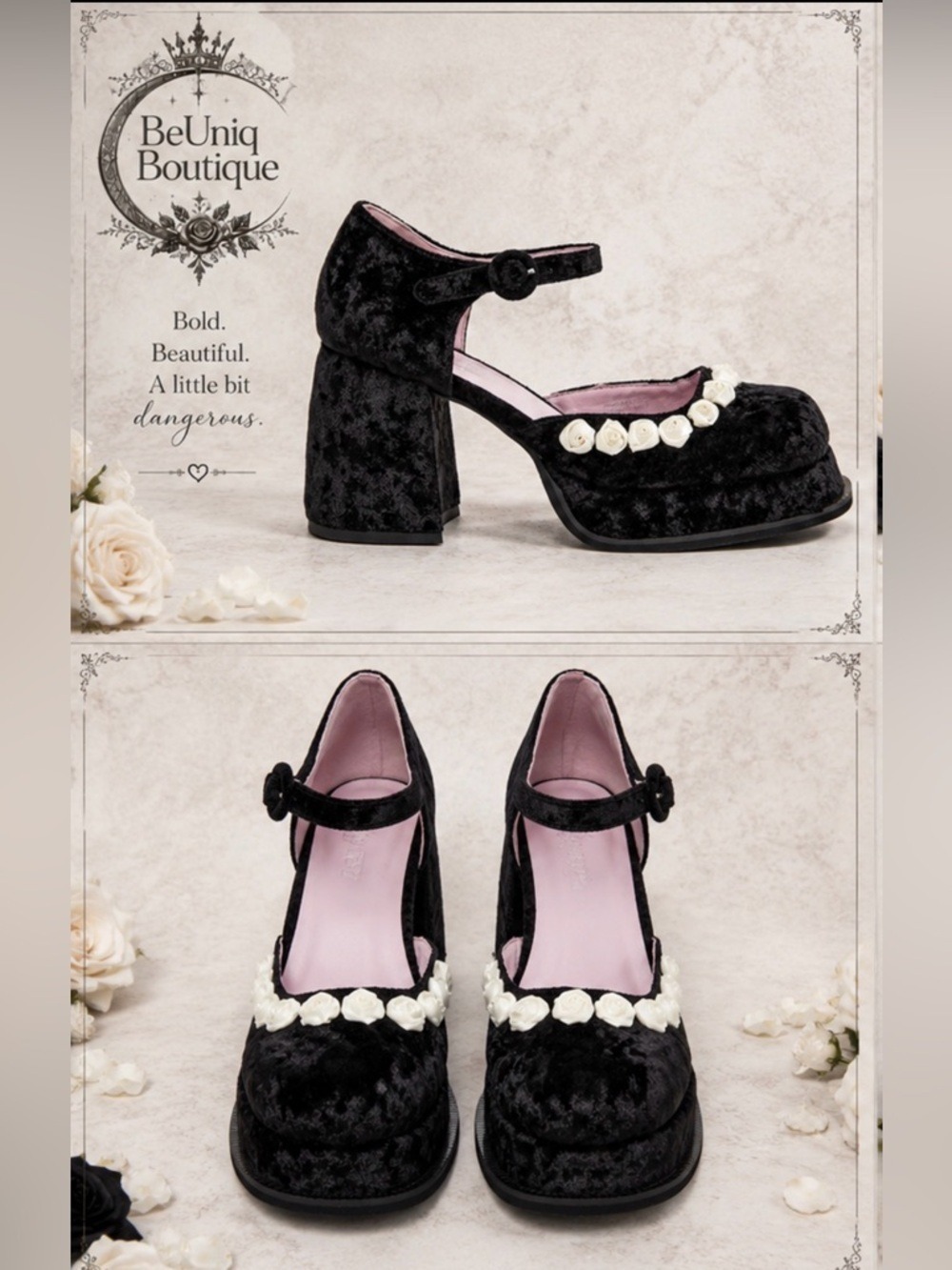 Sugar Thrillz Black Velvet Rose Platform Mary Janes - Picture 4 of 16